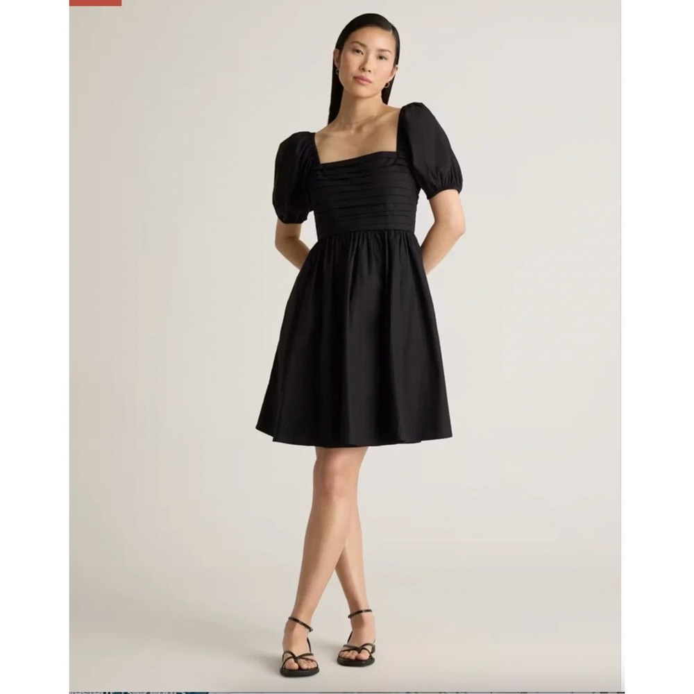 Quince Black 100% Organic Cotton Ruched Puff Sleeve Mini‎ Dress Small RK001